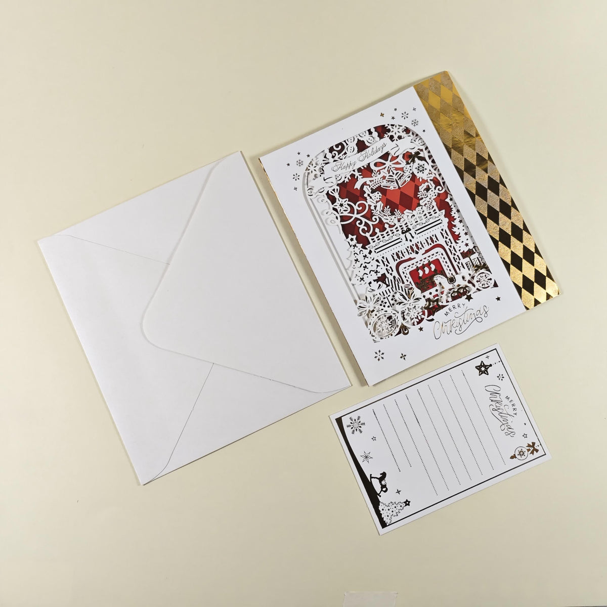 3D Dimensional Layered Paper Art Christmas Card with Fireplace Scene and Removable Message Insert