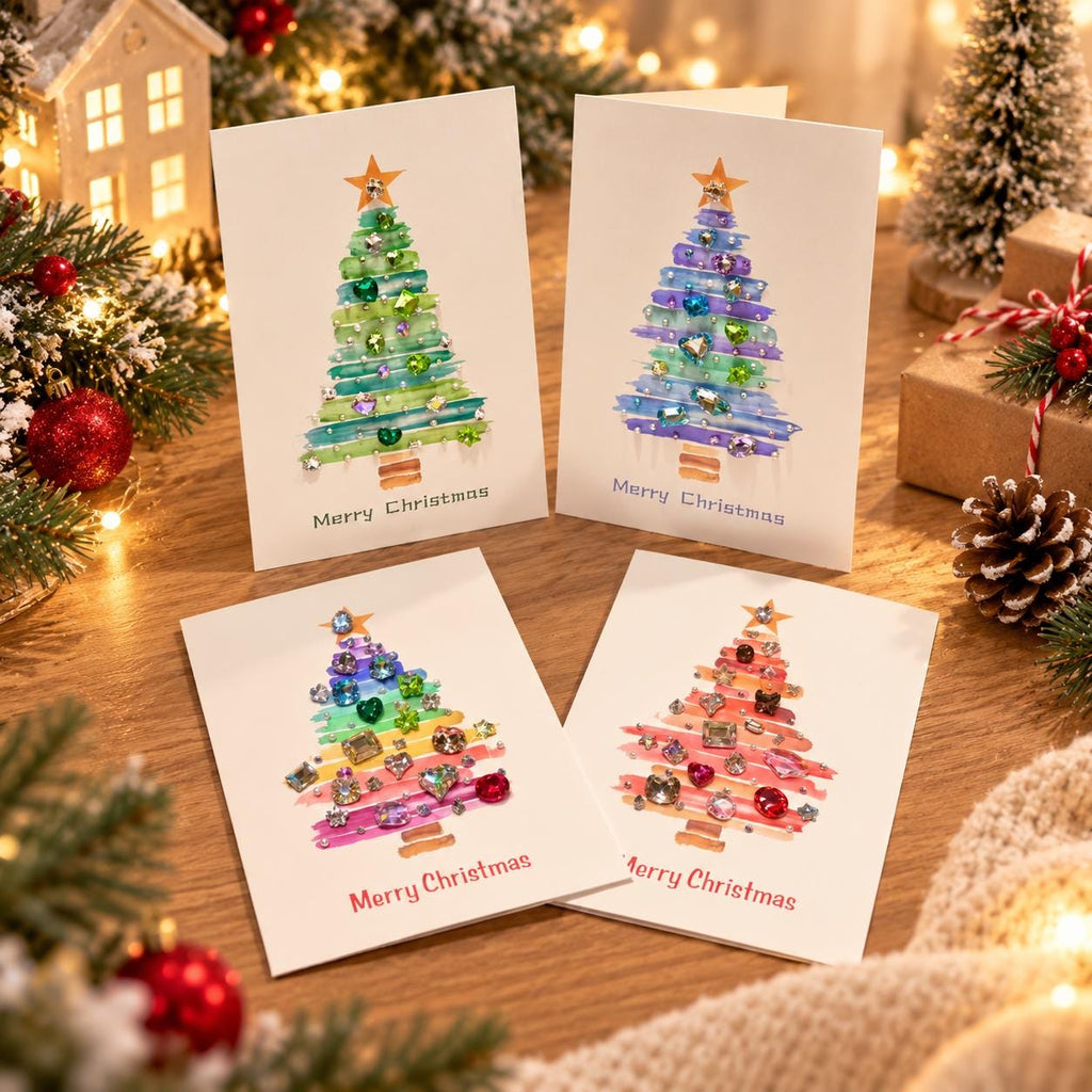 DIY Christmas Card Kit, Rhinestone Craft, Watercolour Tree, Handmade Festive Activity, Creative Gift Set