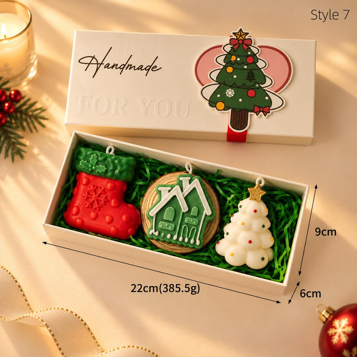 Christmas Scented Candle Set, 3 Piece Handmade Style Holiday Candles, Festive Home Decor Gift Box