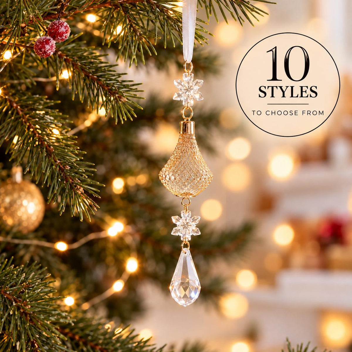 Crystal Look Christmas Ornaments, Acrylic Snowflakes, Icicles and Gold Hanging Decorations for Festive Trees