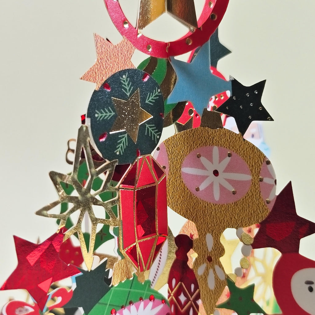 3D Christmas Tree Pop Up Card, Colourful Ornament Display, Festive Paper Greeting