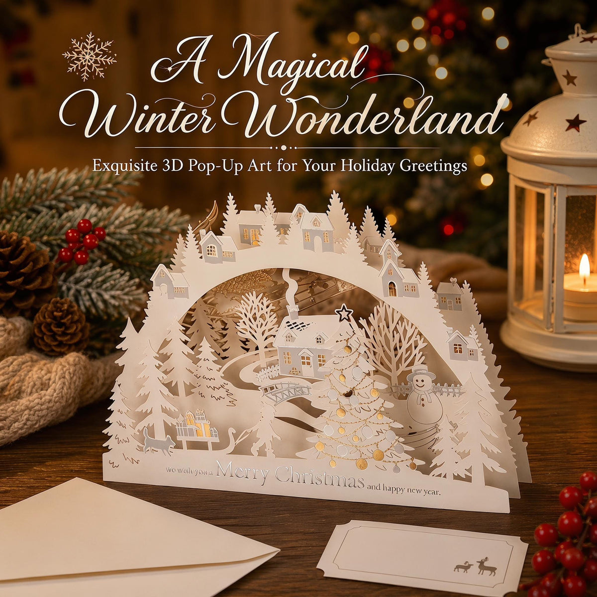 3D Christmas Village Pop Up Card, Winter Wonderland Paper Art Keepsake, Envelope & Message Card