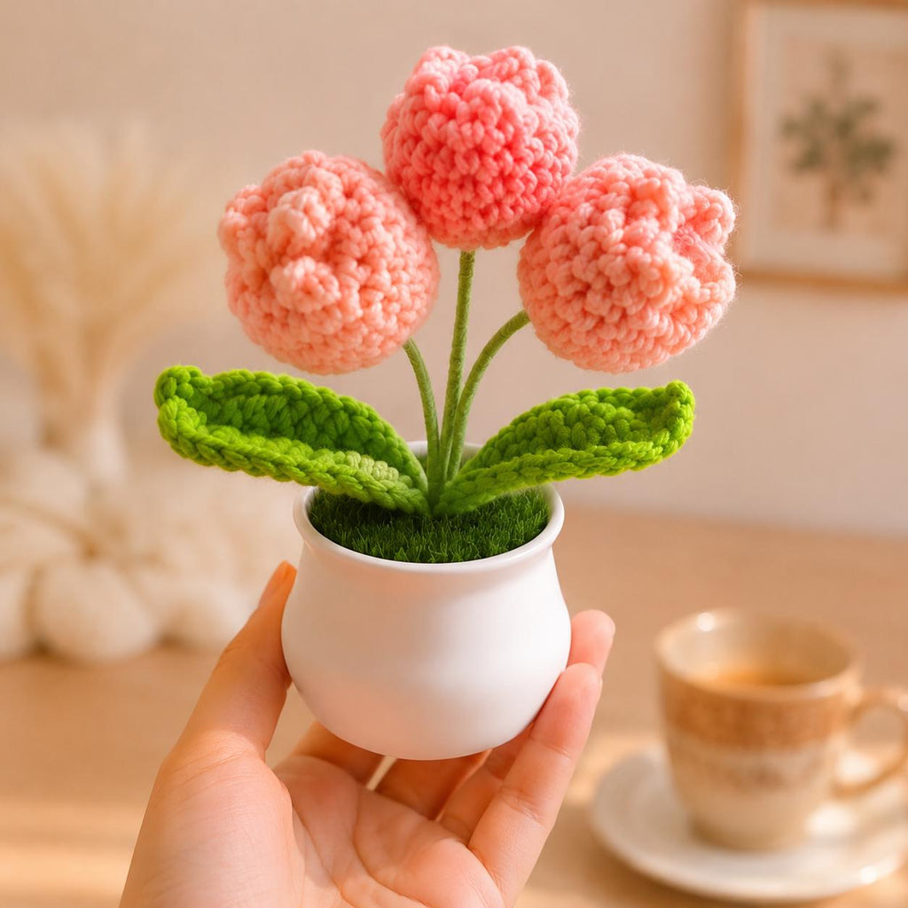 Handmade Crochet Potted Flowers, Tulips, Carnation, Heart, Christmas Tree Home Decor