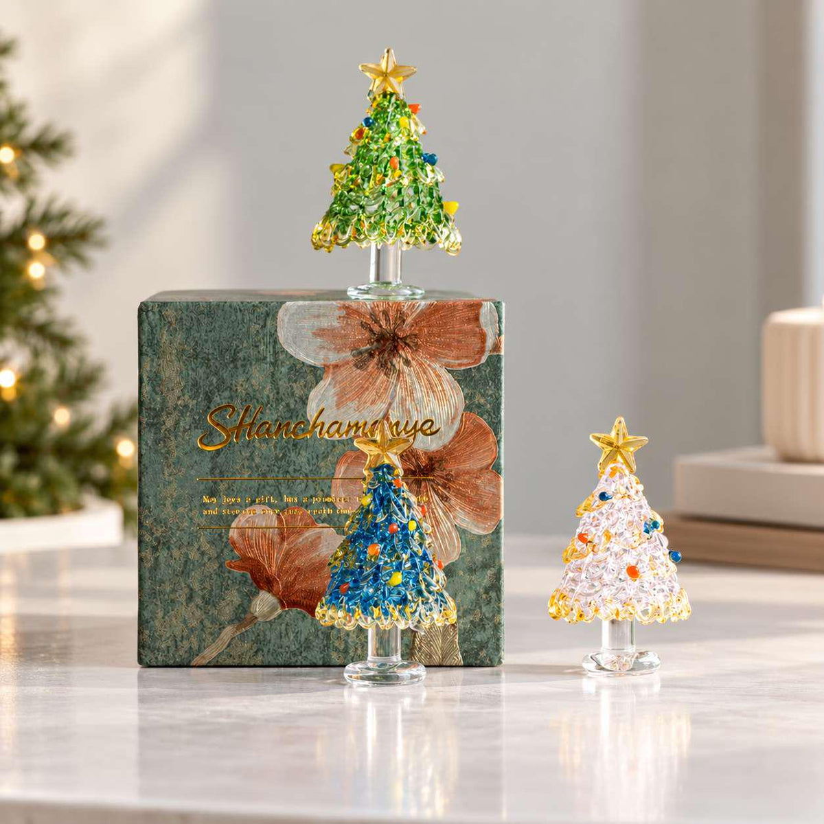 Handmade Glass Christmas Tree Figurine Gift for Holiday Decor Desktop Table Ornament
