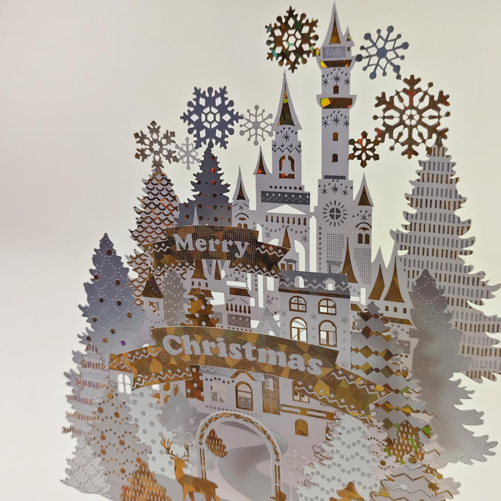 3D Christmas Castle Pop Up Card, Snowy Winter Wonderland Paper Sculpture