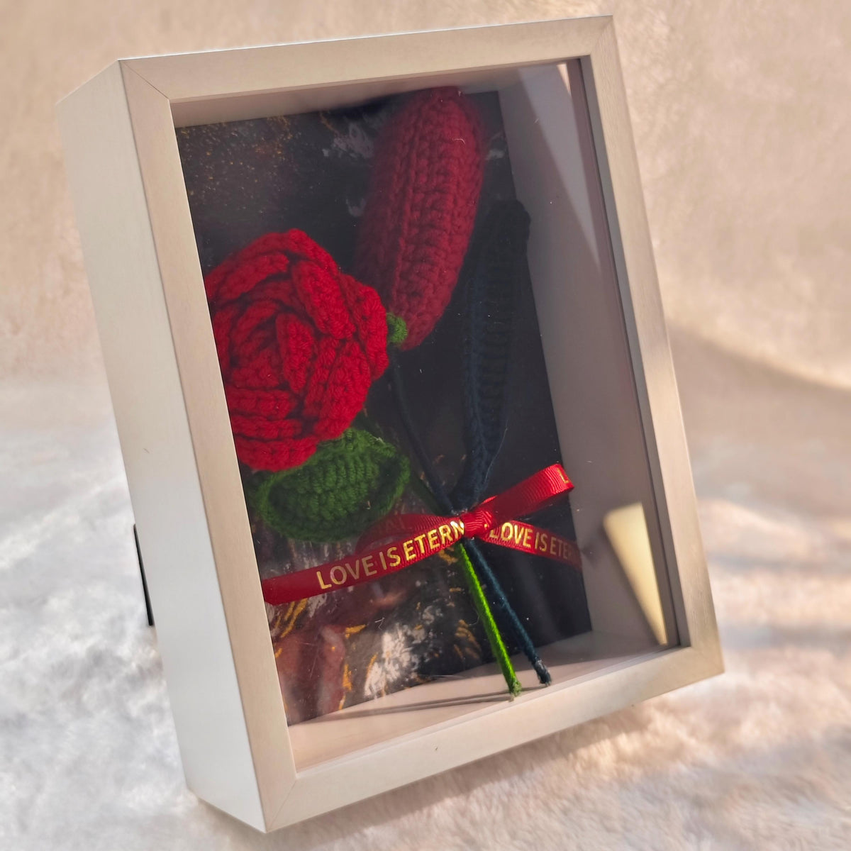 Handmade Crochet Rose Shadow Box Frame Romantic Floral Home Decor