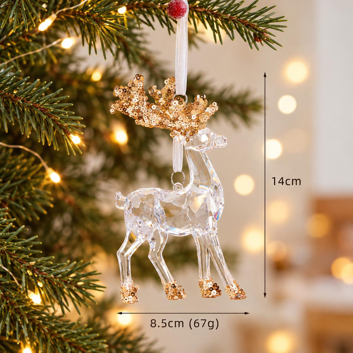 Crystal Look Christmas Ornaments, Acrylic Snowflakes, Icicles and Gold Hanging Decorations for Festive Trees