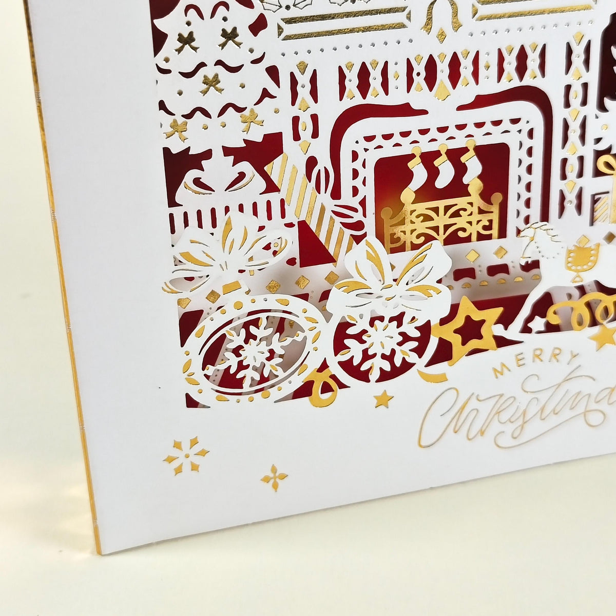 3D Dimensional Layered Paper Art Christmas Card with Fireplace Scene and Removable Message Insert