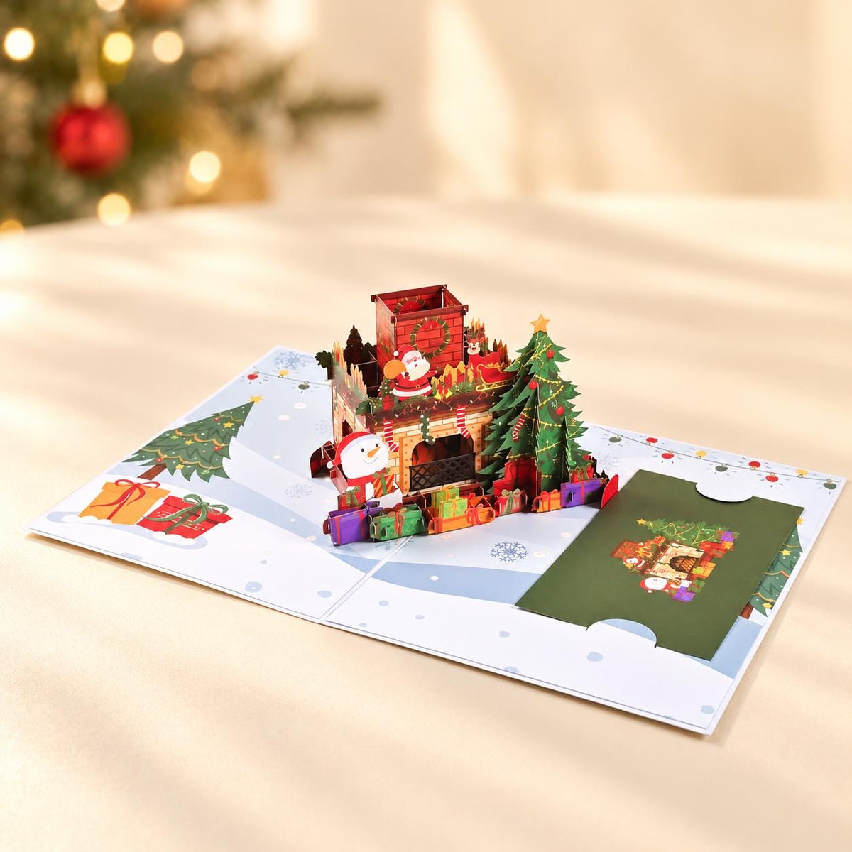 3D Christmas Fireplace Pop Up Card with Santa, Reindeer, Snowman and Festive Tree