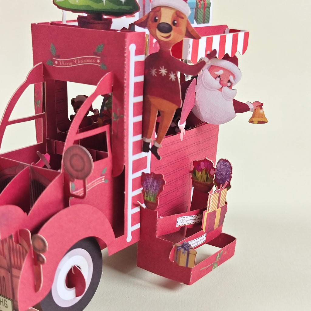 3D Christmas Truck Card with Santa, Reindeer, Snowman and Personal Message Board