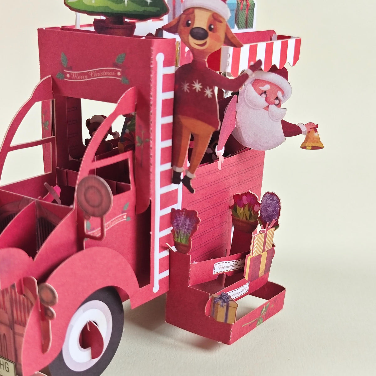 3D Christmas Truck Card with Santa, Reindeer, Snowman and Personal Message Board
