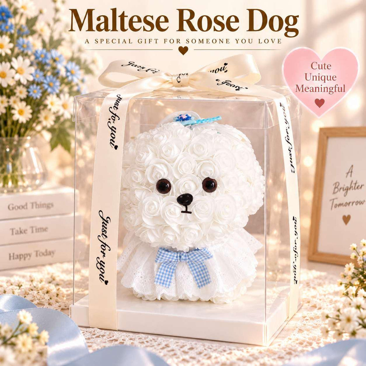 Hand-Crafted PE Foam Rose Dog / Bear Figurine, Artificial Flower Ornament (Gift Box)