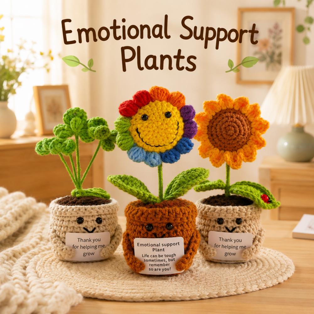 Handmade Crochet Emotional Support Plant: Knitted Flower with Encouraging Card (Desk Decor)