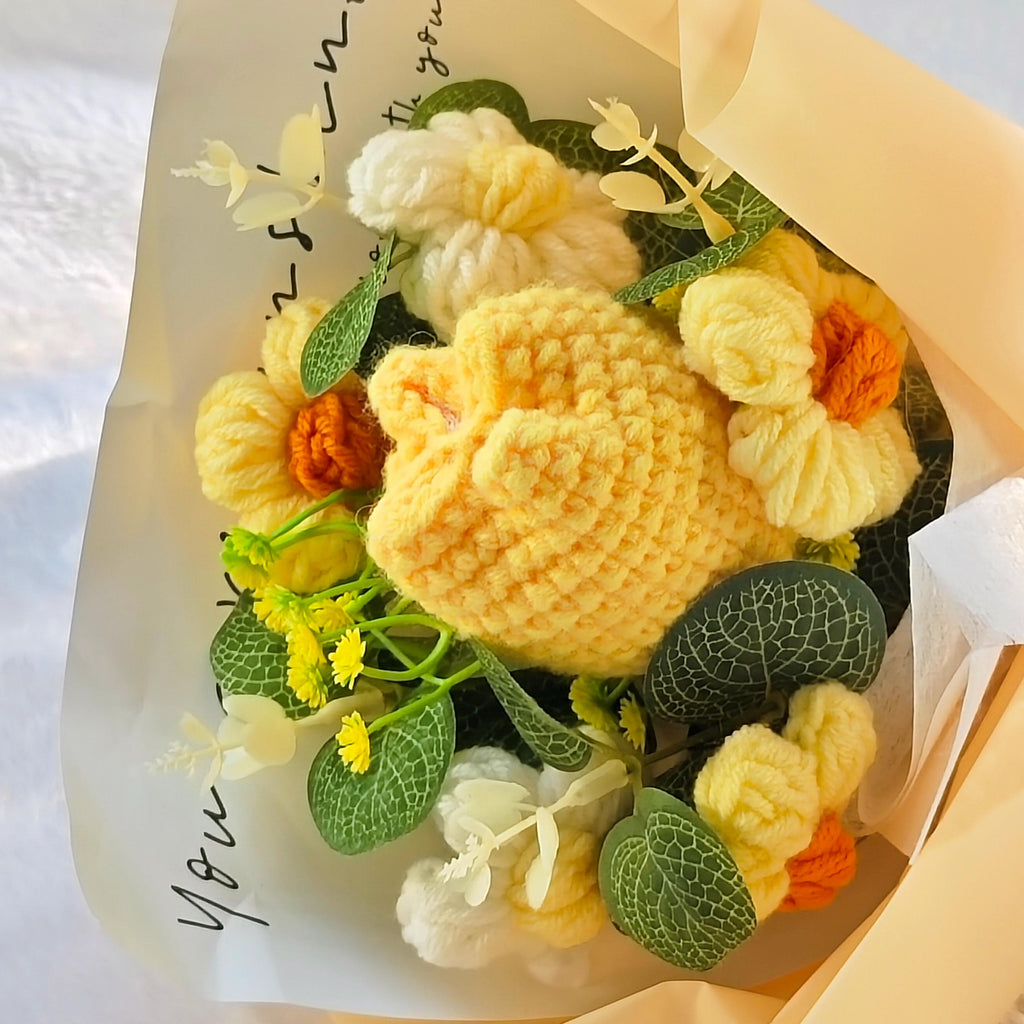 Crochet Tulip Bouquet, Yellow Knitted Forever Flower Arrangement, Handmade Yarn Flowers, Crochet Floral Decor