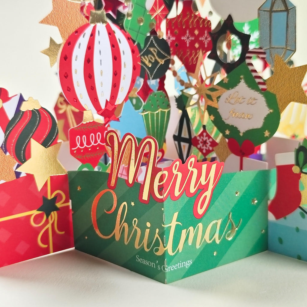 3D Christmas Tree Pop Up Card, Colourful Ornament Display, Festive Paper Greeting