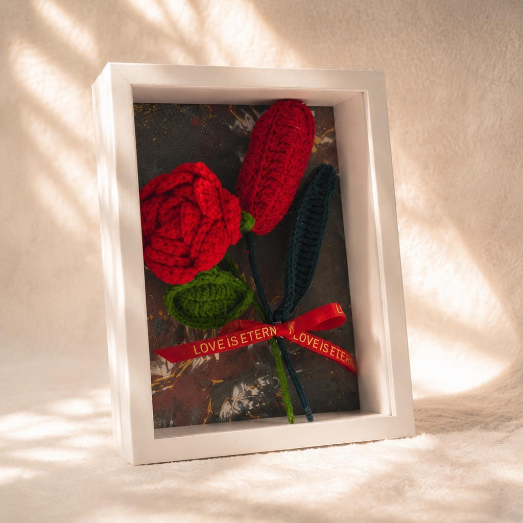 Handmade Crochet Rose Shadow Box Frame Romantic Floral Home Decor