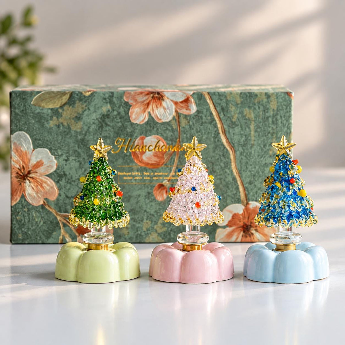 Handmade Rotating Glass Christmas Tree Gift for Holiday Desktop Tabletop Ornament