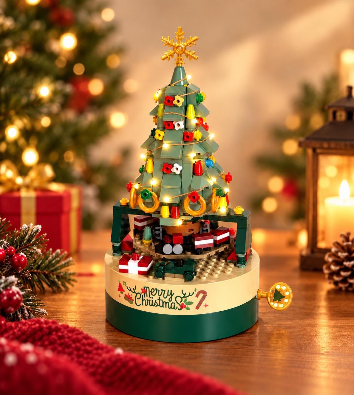 Christmas Tree Wind-Up Music Box Building Set, Light Up Festive Brick Christmas Decoration