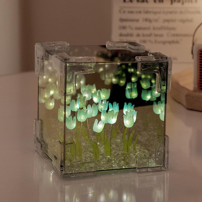 Handmade Tulip Flower Cube Night Light DIY Floral Desktop Table Home Decor Ornament