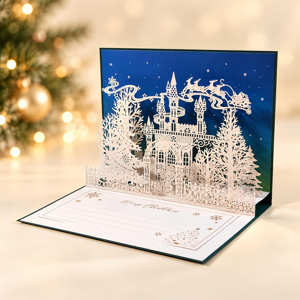 3D Pop Up Christmas Card, Enchanted Winter Castle with Santa Sleigh, Removable Message Insert