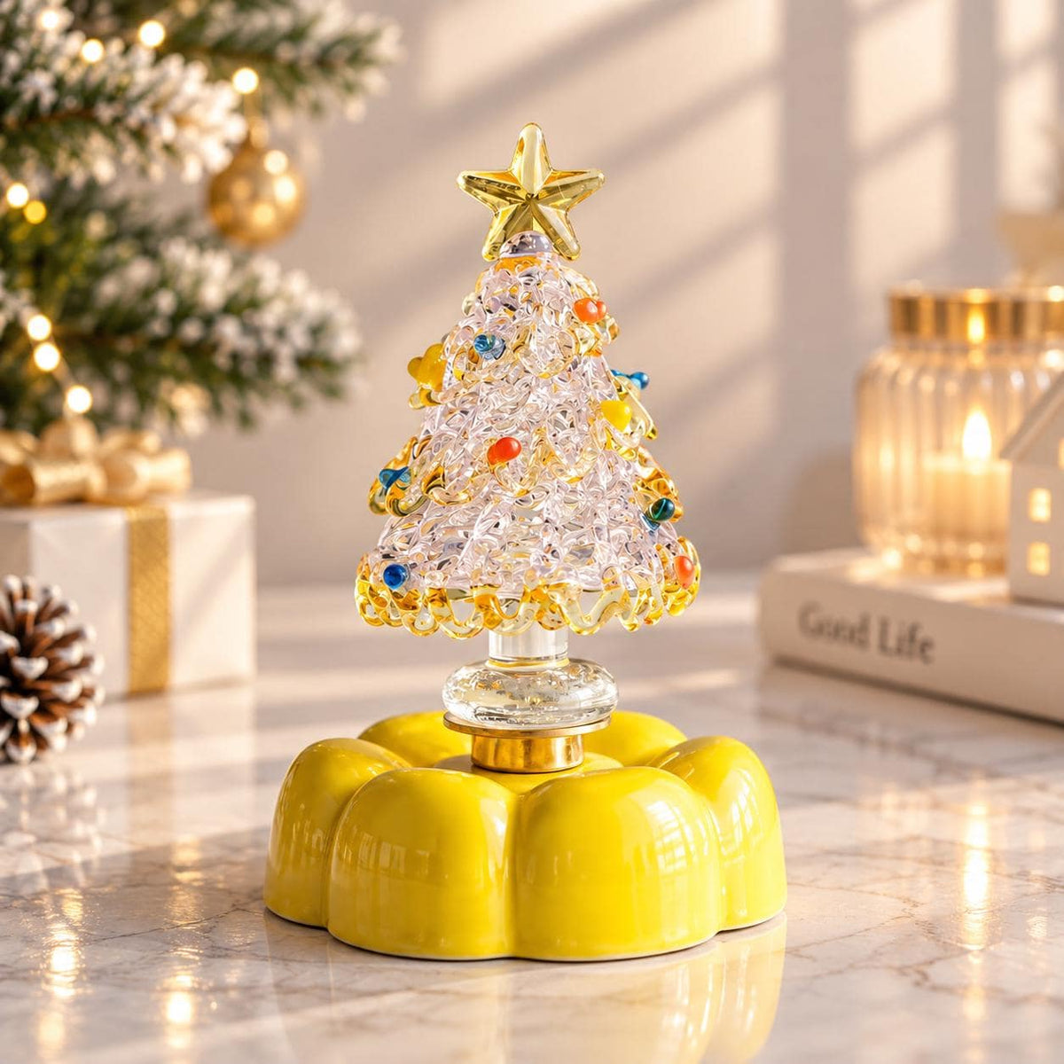 Handmade Rotating Glass Christmas Tree Gift for Holiday Desktop Tabletop Ornament