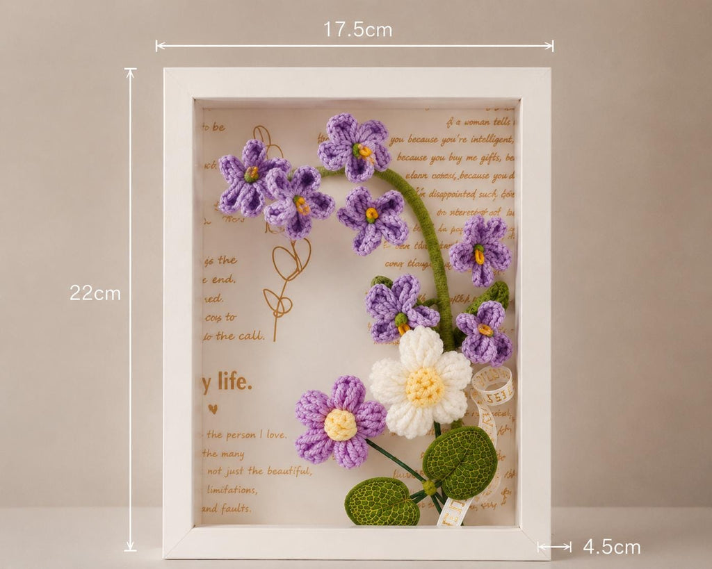 Handmade Crochet Forget Me Not Shadow Box Framed Floral Fiber Art Decoration
