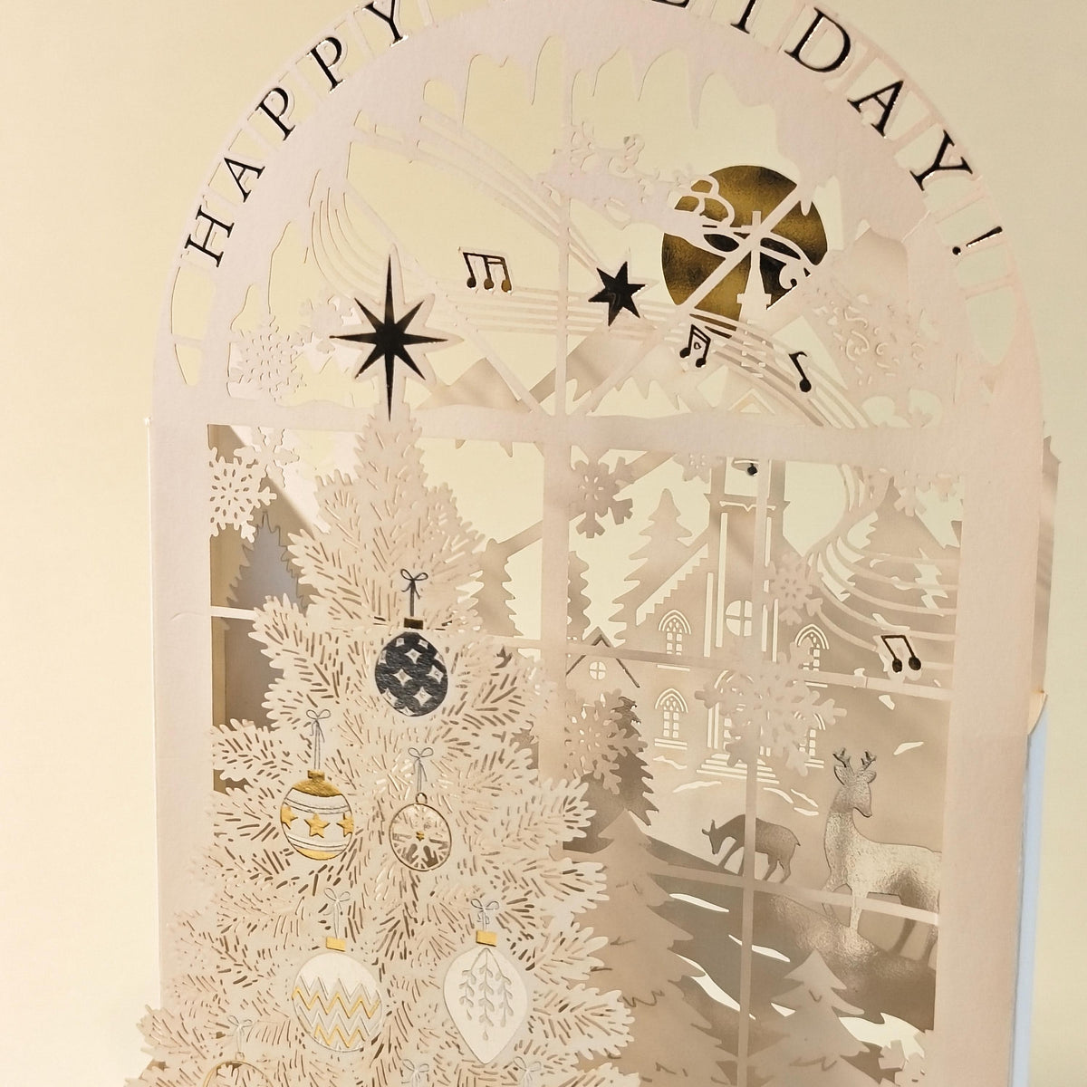 3D Christmas Card, Golden Winter Window: Layered Paper Tree with Separate Message Card
