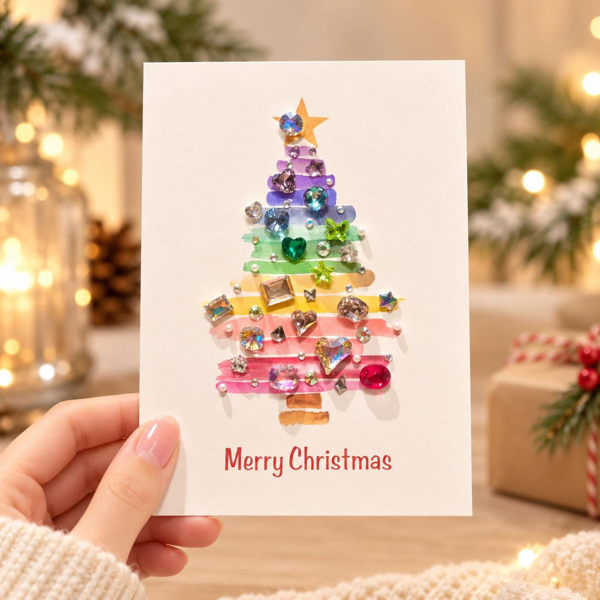 DIY Christmas Card Kit, Rhinestone Craft, Watercolour Tree, Handmade Festive Activity, Creative Gift Set