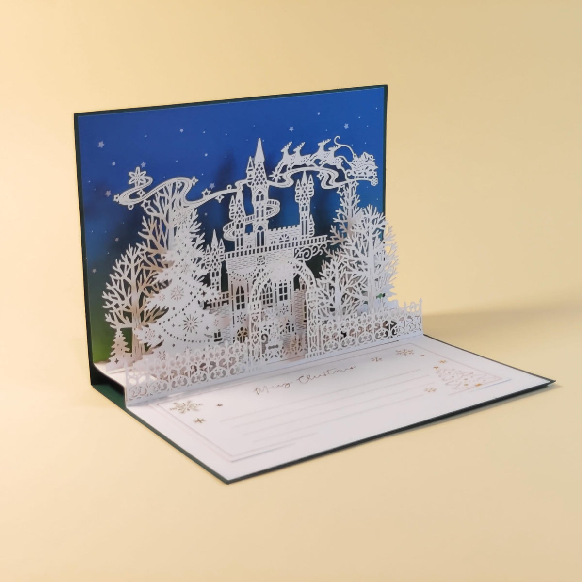 3D Pop Up Christmas Card, Enchanted Winter Castle with Santa Sleigh, Removable Message Insert