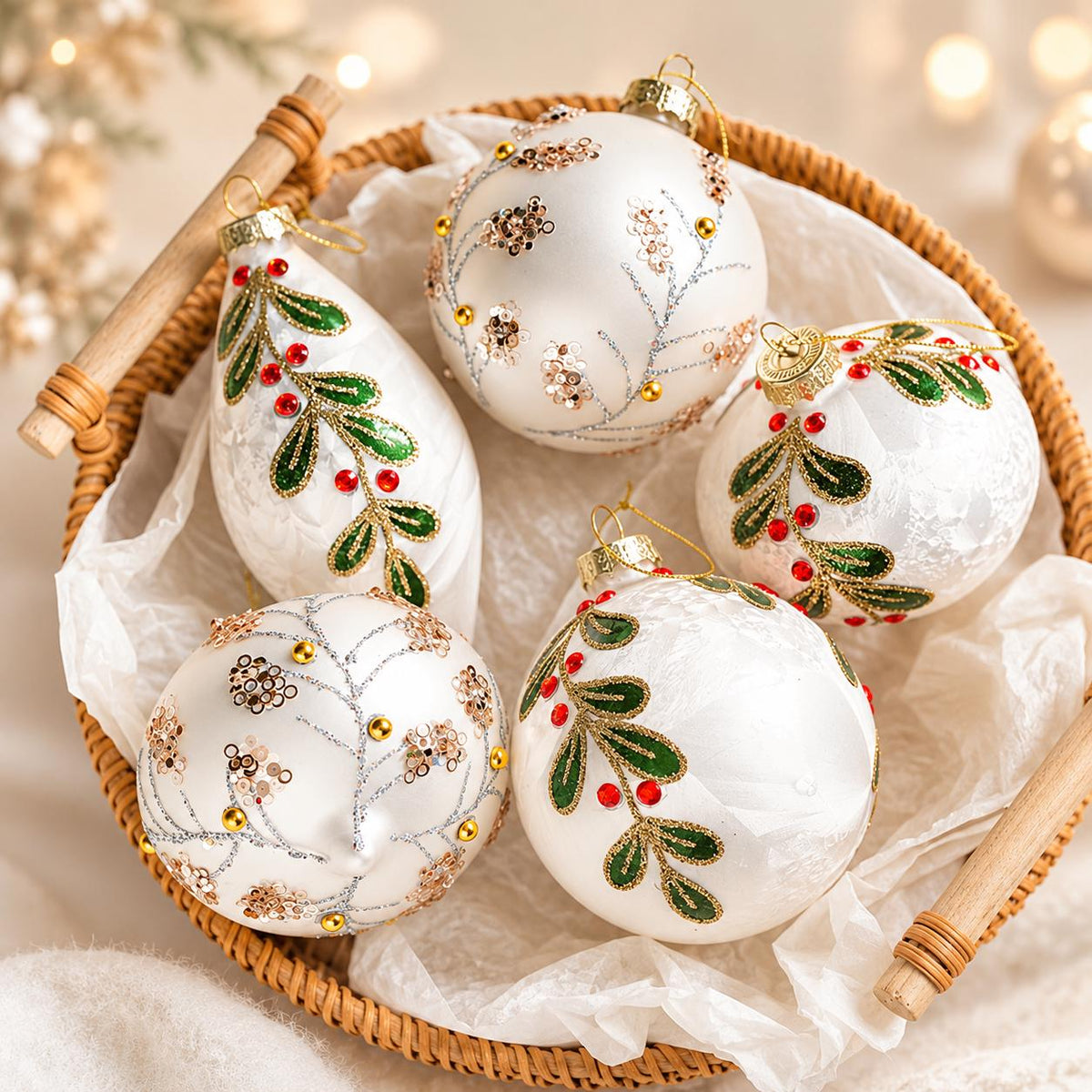 White Glass Christmas Ornaments Set of 3, Glitter Botanical Baubles, Elegant Tree Decorations