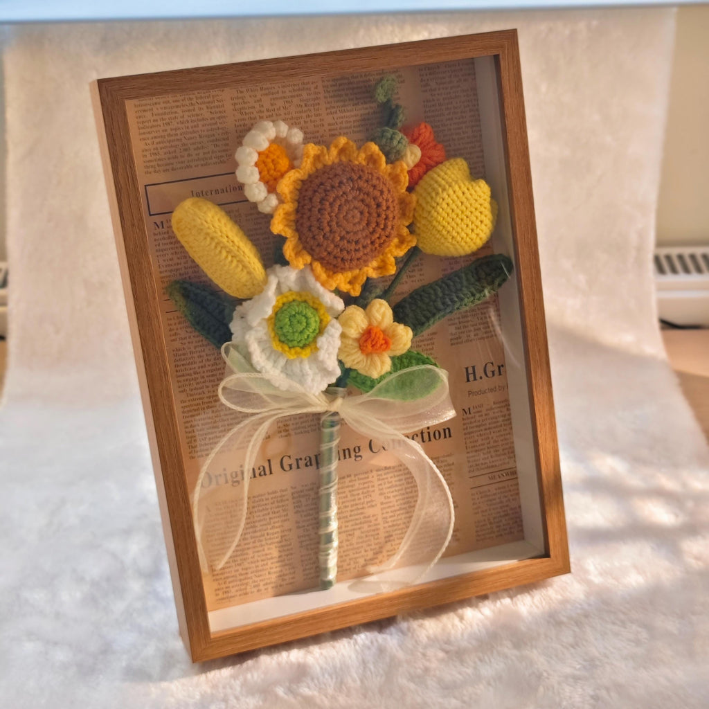 Handmade Crochet Sunflower Shadow Box Frame Rustic Botanical Wall Decor