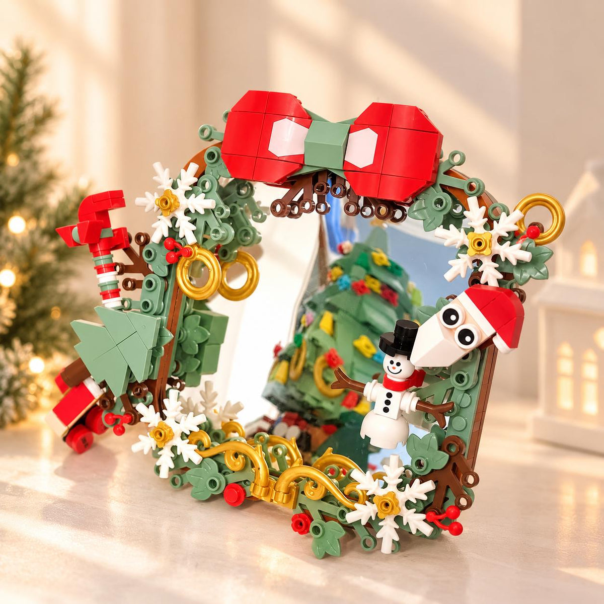 Christmas Wreath Tabletop Mirror Building Set, Festive Brick Vanity Mirror Decoration