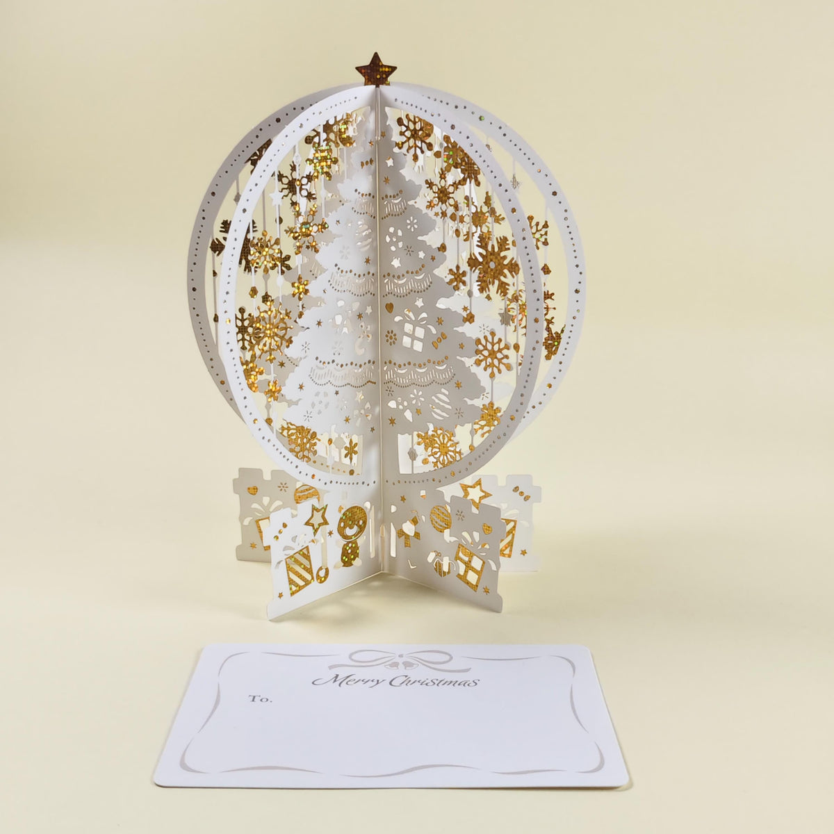White Gold Snowflake Christmas Pop Up Card, 3D Paper Tree, Festive Keepsake Decoration