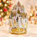 3D Christmas Village Pop Up Card, Gold Foil Winter Forest Scene, Festive Keepsake
