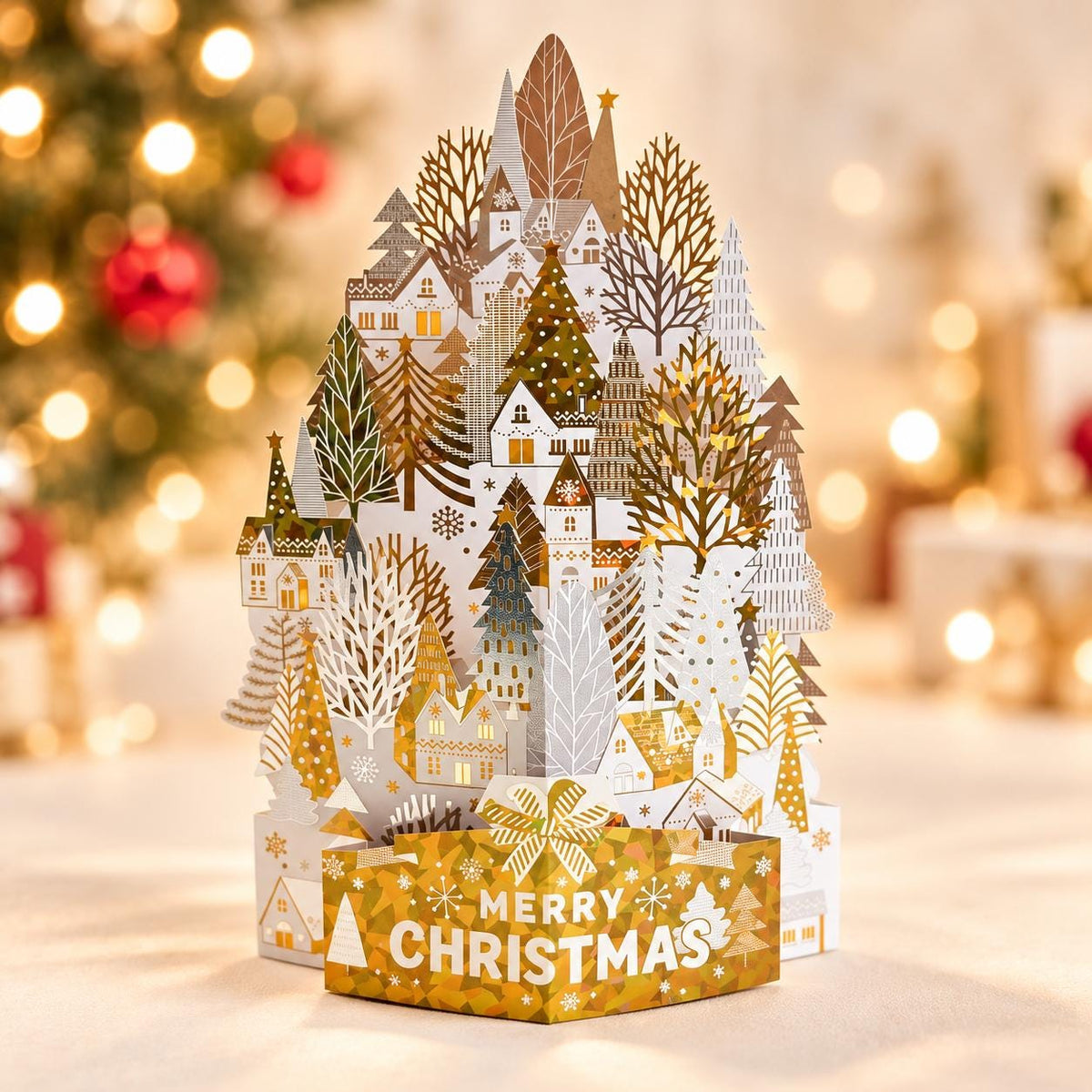 3D Christmas Village Pop Up Card, Gold Foil Winter Forest Scene, Festive Keepsake