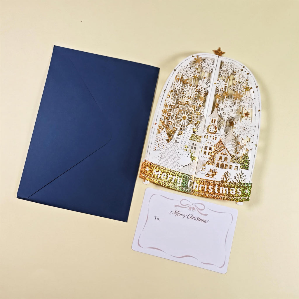 3D Christmas Village Pop Up Card, Gold Foil Snowflake Winter Wonderland Keepsake