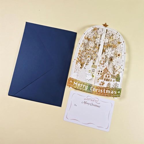 3D Christmas Village Pop Up Card, Gold Foil Snowflake Winter Wonderland Keepsake