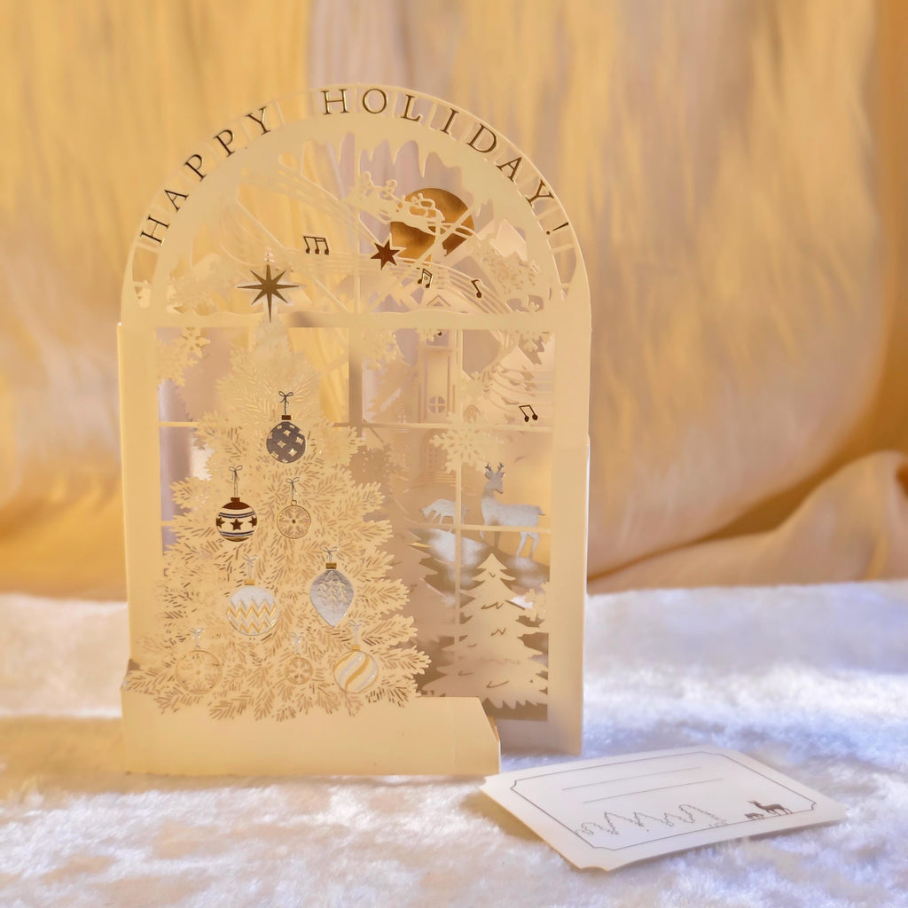 3D Christmas Pop Up Card, White Paper Cut Tree, Holiday Greeting (130mm x 190mm)