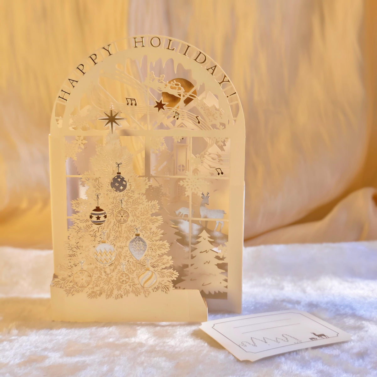 3D Christmas Pop Up Card, White Paper Cut Tree, Holiday Greeting (130mm x 190mm)
