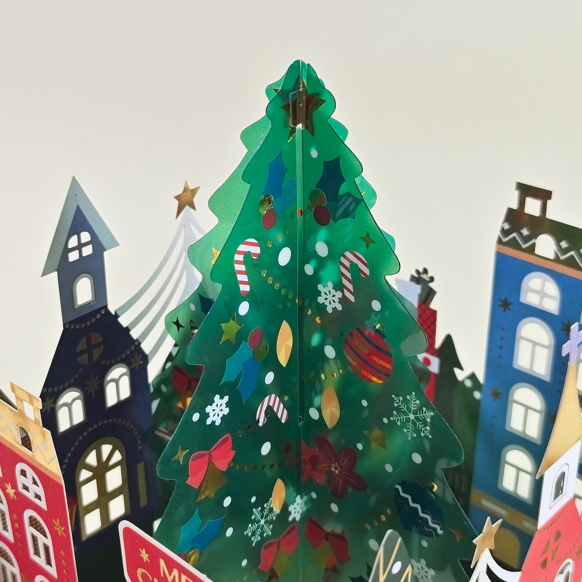 3D Christmas Village Pop Up Card with Festive Tree and Colourful Paper Houses