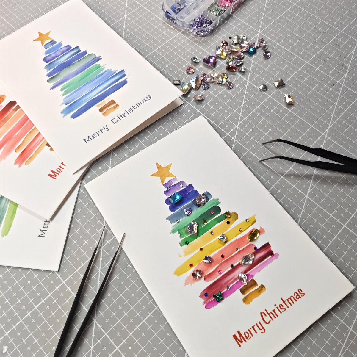 DIY Christmas Card Kit, Rhinestone Craft, Watercolour Tree, Handmade Festive Activity, Creative Gift Set