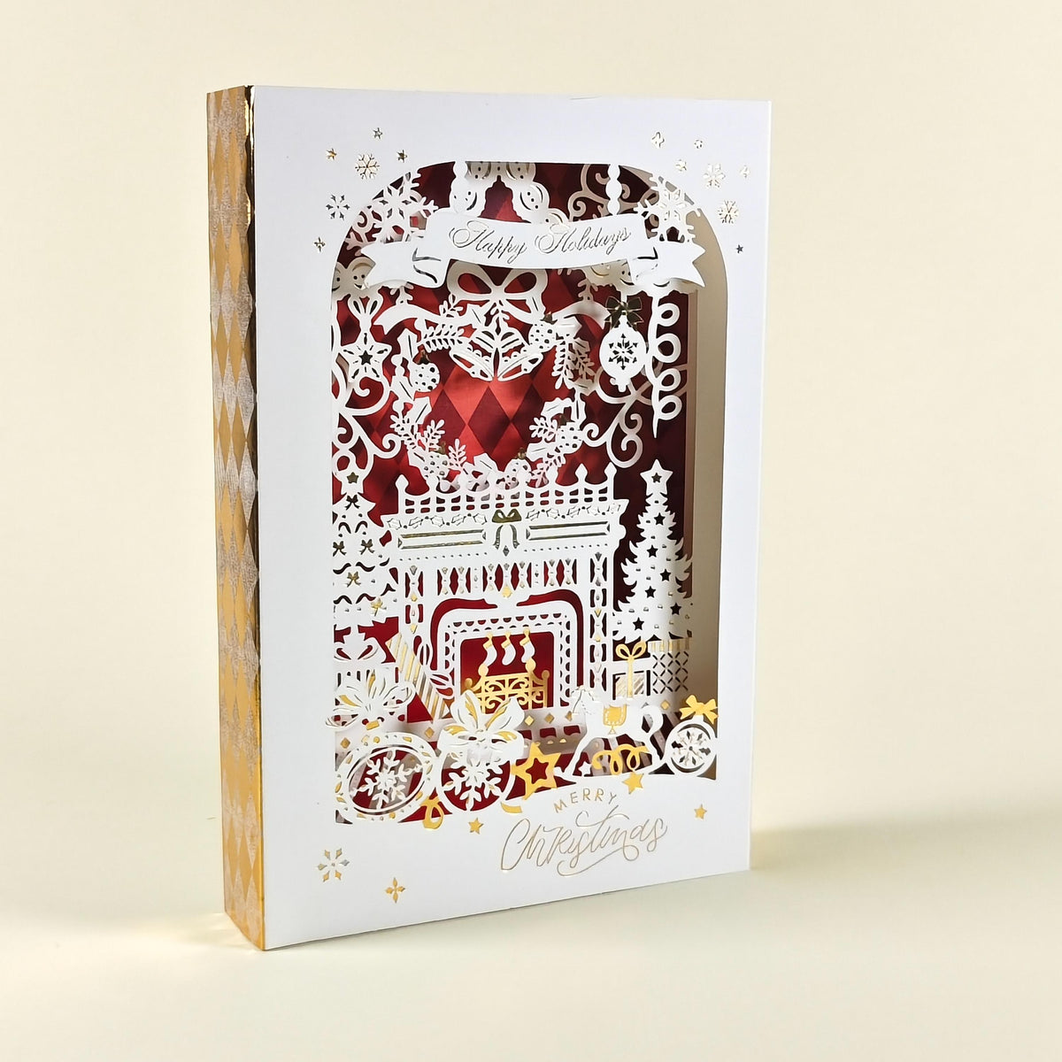 3D Dimensional Layered Paper Art Christmas Card with Fireplace Scene and Removable Message Insert