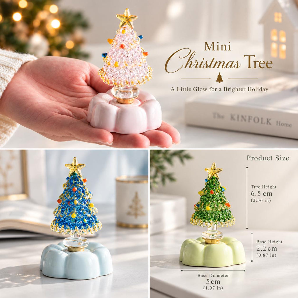 Handmade Rotating Glass Christmas Tree Gift for Holiday Desktop Tabletop Ornament