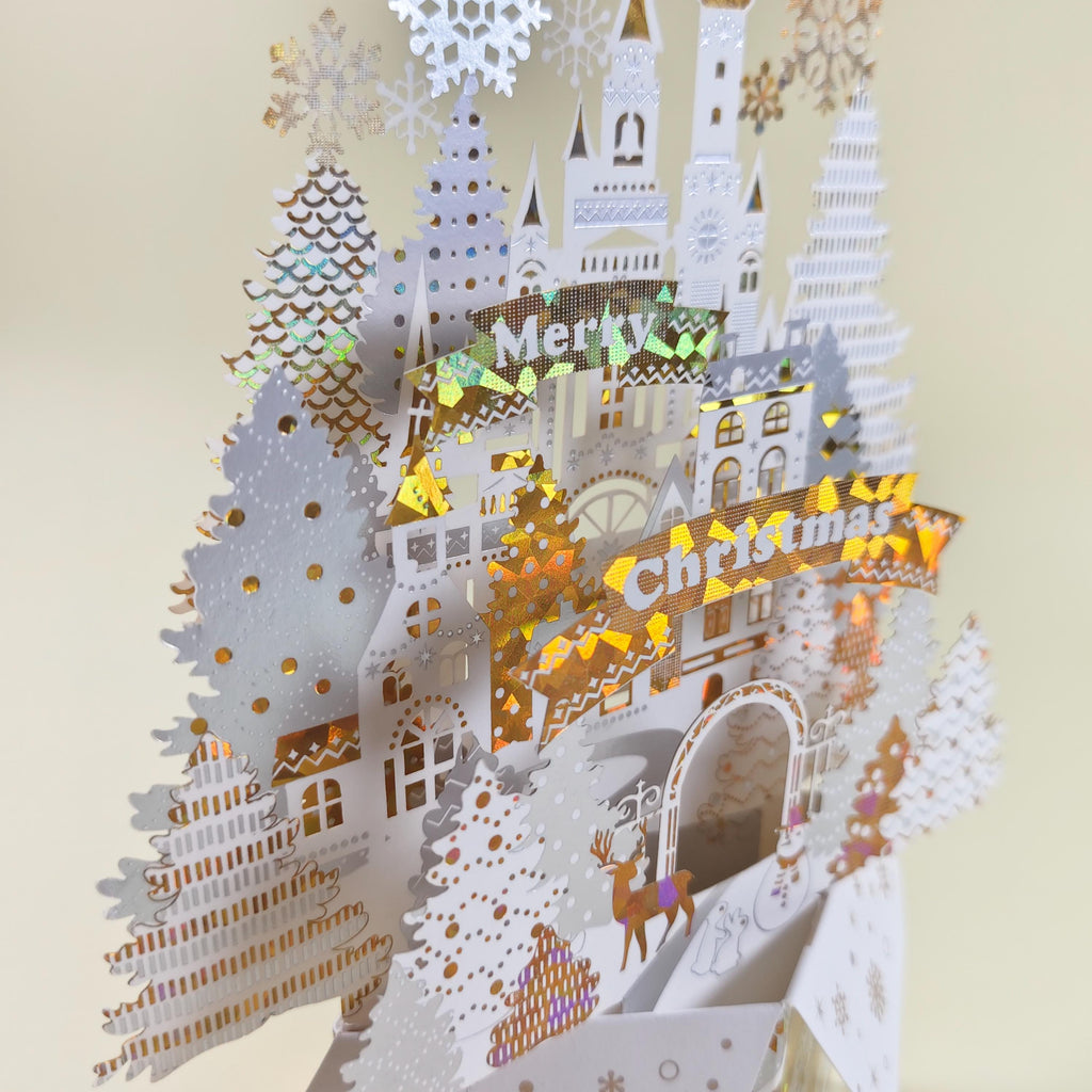 3D Christmas Castle Pop Up Card, Snowy Winter Wonderland Paper Sculpture