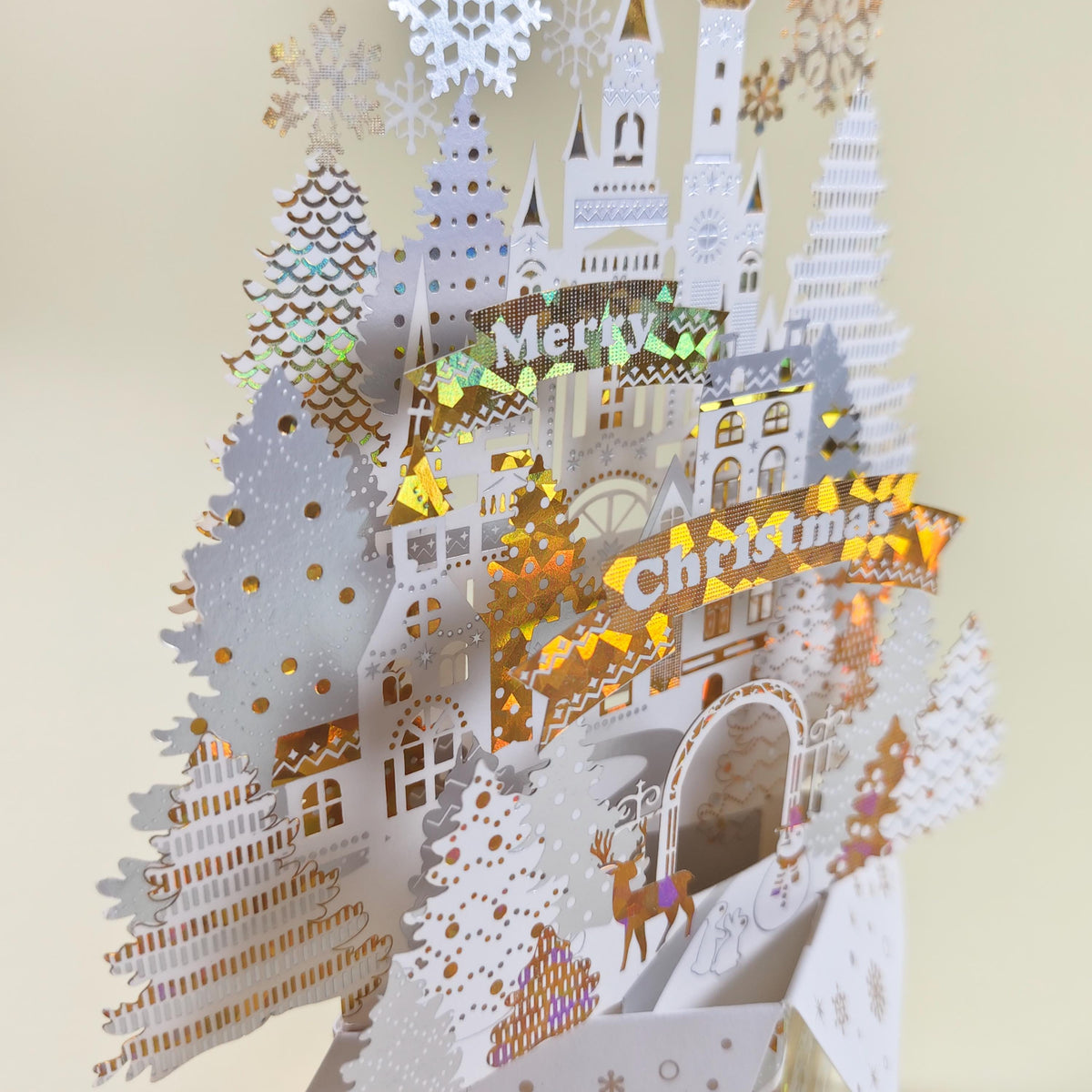 3D Christmas Castle Pop Up Card, Snowy Winter Wonderland Paper Sculpture