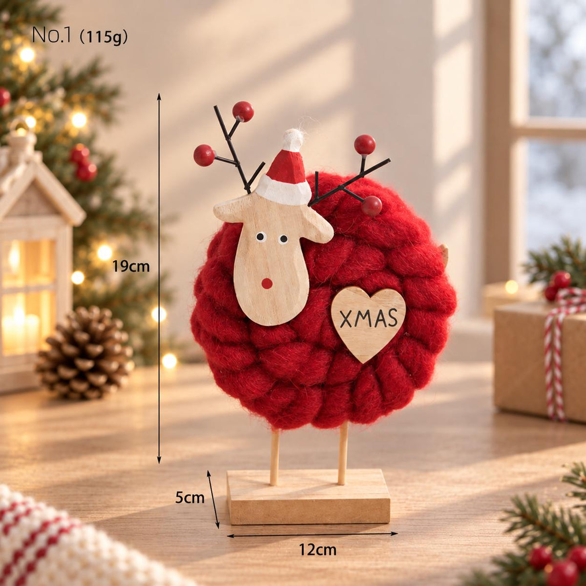 Nordic Christmas Wooden Wool Felt Figurine Reindeer Tree Desktop Home Table Ornament Decor