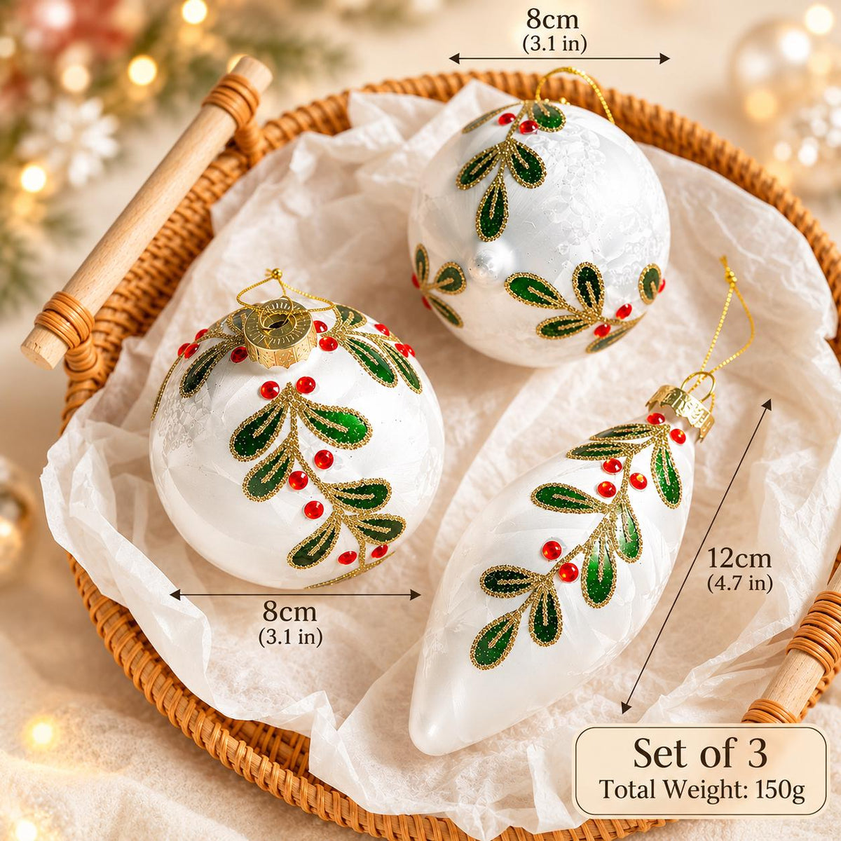 White Glass Christmas Ornaments Set of 3, Glitter Botanical Baubles, Elegant Tree Decorations