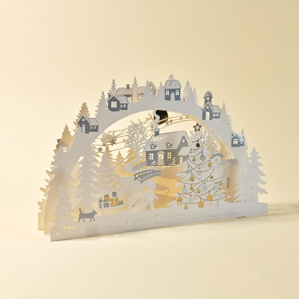 3D Layered Paper Christmas Card, Snowy Village Scene, White and Gold