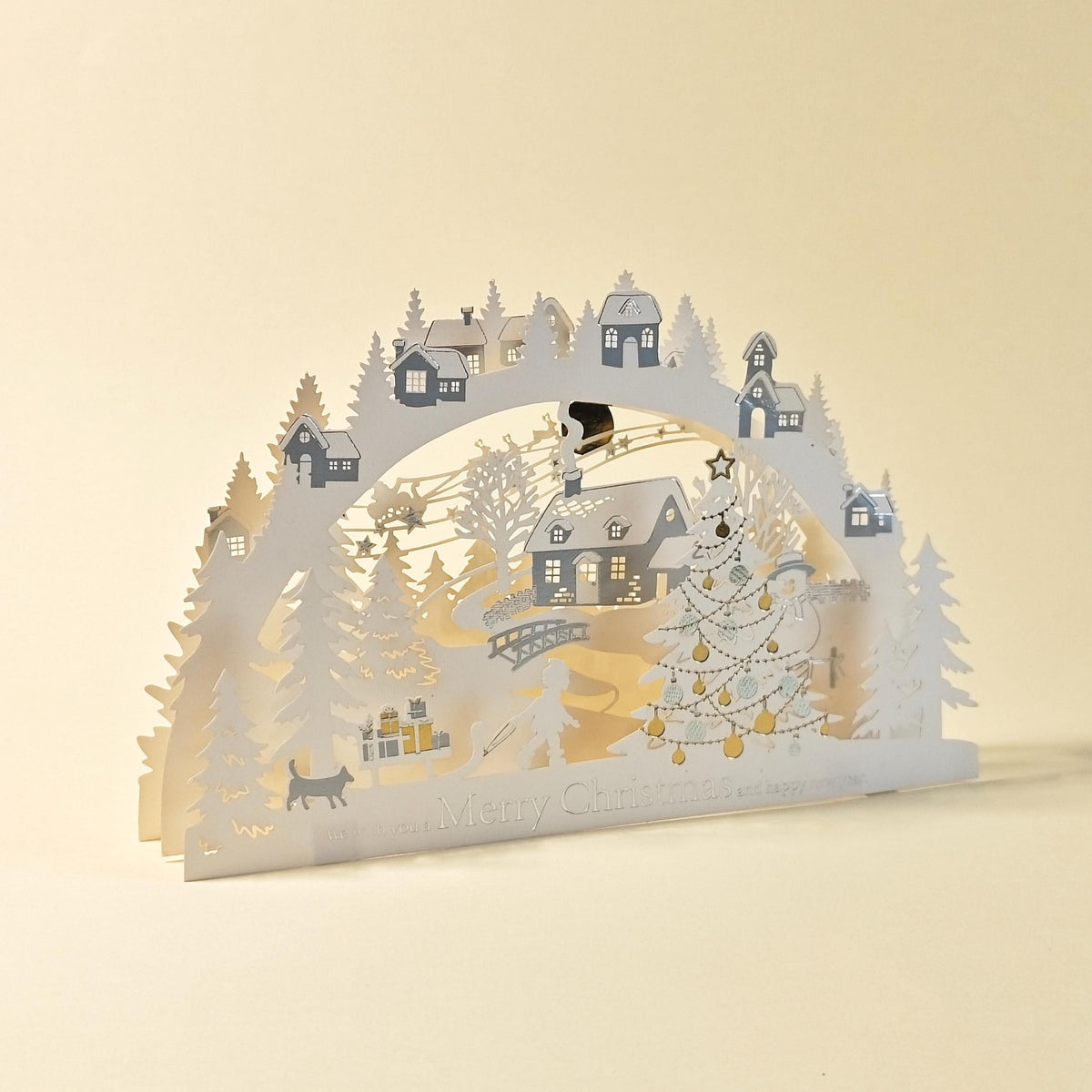 3D Layered Paper Christmas Card, Snowy Village Scene, White and Gold