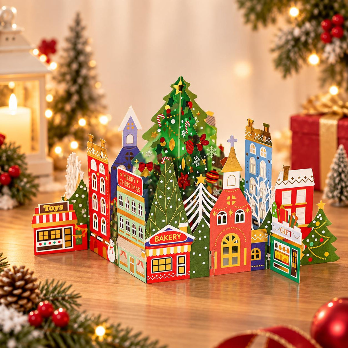 3D Pop Up Christmas Card, Foil Christmas Village, Festive Paper Art, Luxury Holiday Greeting